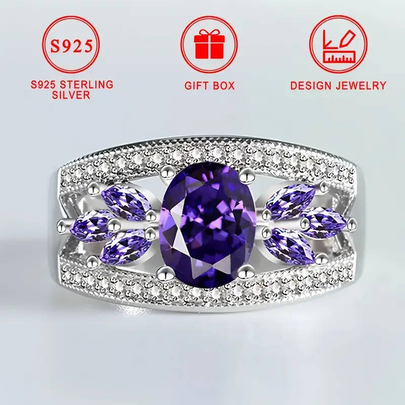 925 Silver Ring, Set with Sparkling Purple Cubic Zirconia