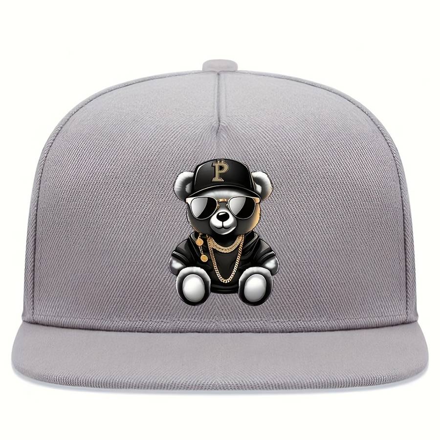 1pc Hip Hop Bear Print Flat Brim Cap Unisex Adjustable Street Style Baseball Hat 100% Polyest