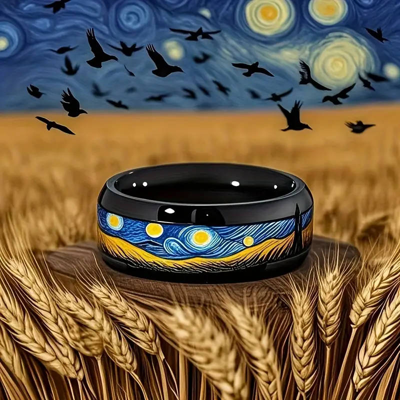 Men's 8mm Stainless Steel Ring with Van Gogh "Starry Night" Design Gunmetal Finish