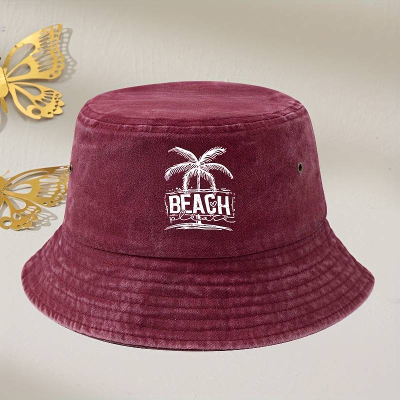 Vintage Washed Grey Beach Bucket Hat With Palm Tree Print Unisex Sun Protection Fisherman Cap