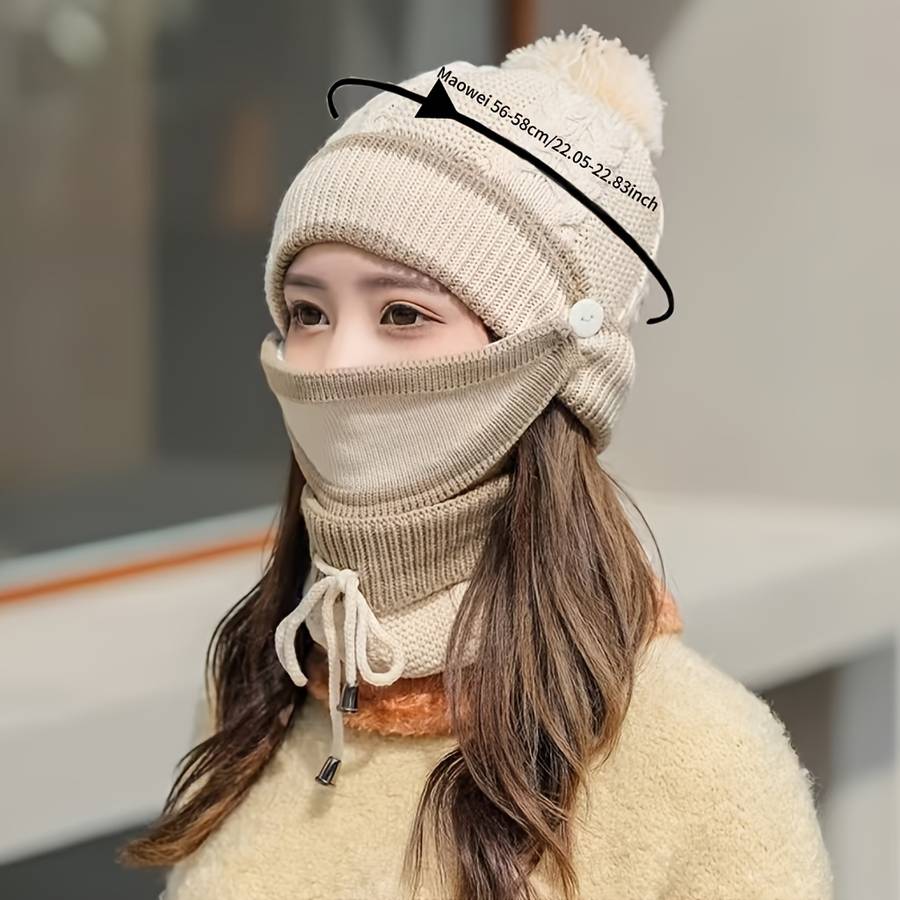 1pc Mask Hat Scarf Women's Autumn and Winter Knitted Hat Thickened and Fleece Warm Ear Protect