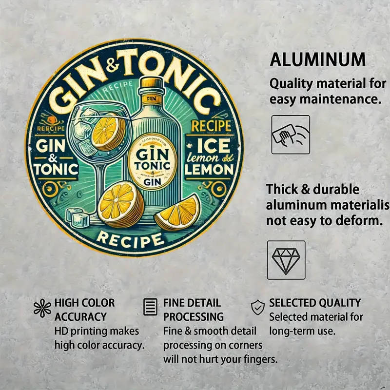 1pc Vintage Cheers Gin Tonic 20.32x20.32cm Round Metal Sign Durable Aluminum Wall Art with Vibrant G