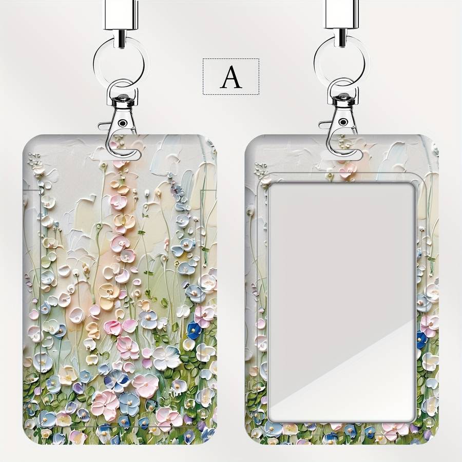 1pc JIT Floral Badge Holder with Lanyard Dual Card Slot Transparent Plastic Protective Insert Sh