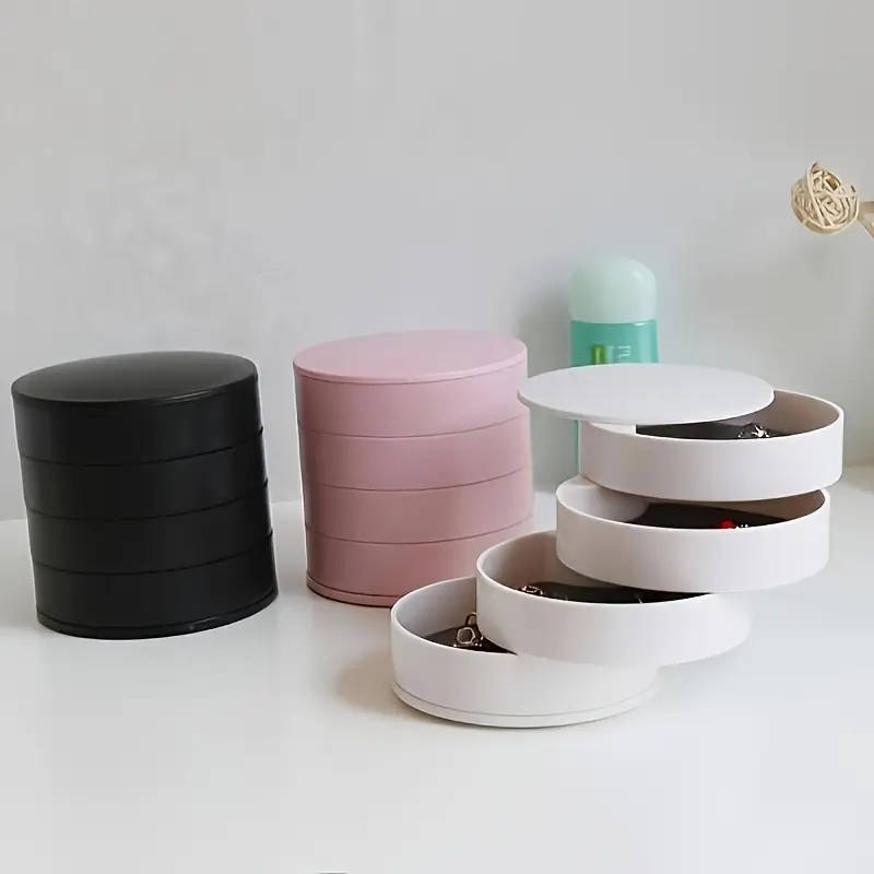1pc Glam Style Rotating Jewelry Organizer Multi-Layer Tabletop Storage with Lid Round Plastic Deskto