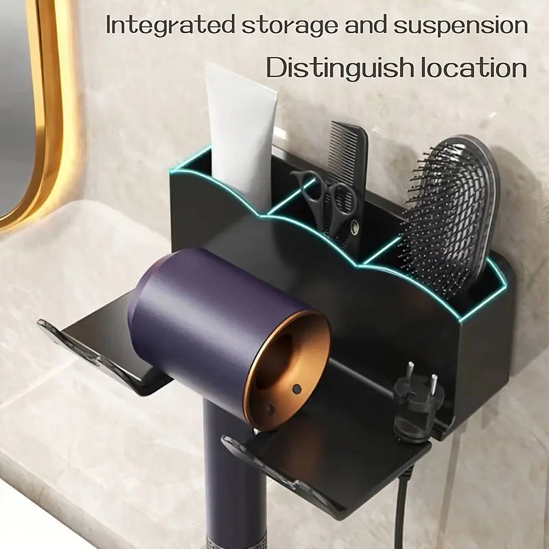 1pc Wall-Mounted Hair Dryer Holder with Storage Shelf Plastic Hanging Shelf for Bathroom No-Drill In