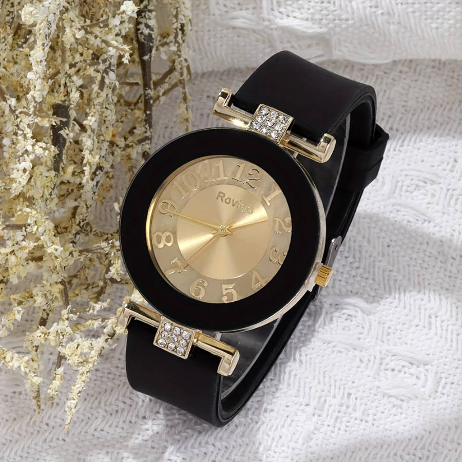 2pcs Elegant Women'S Quartz Watch Bracelet Set Black Golden Middle Eastern Calligraphy Design Classi