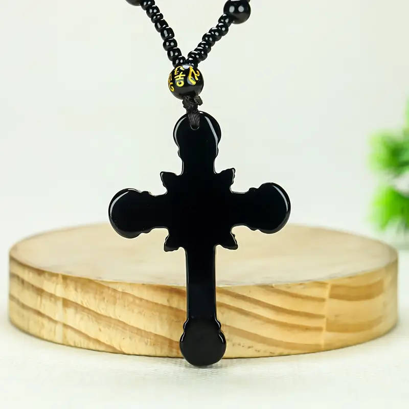 Natural Obsidian Cross Pendant Necklace