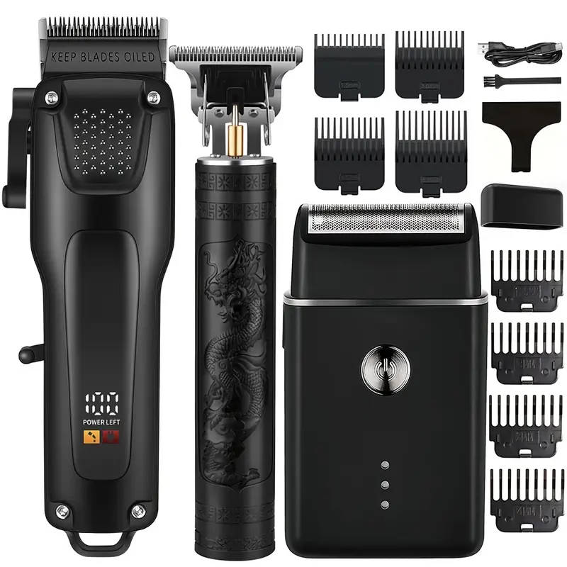 3pcs Men'S Professional Hair Beard Grooming Kit Cordless Clippers with LED Display Precision Trimmer