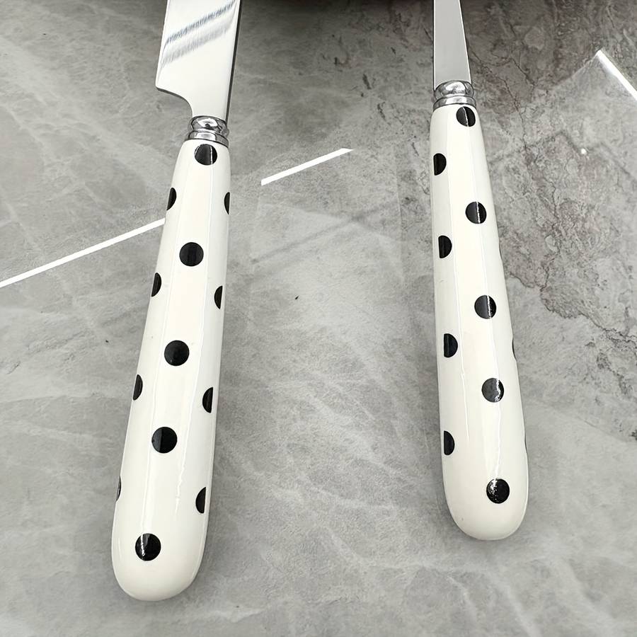 4pcs Stainless Steel Cutlery Set with Polka Dot Ceramic Handles Includes Knife Fork Spoon