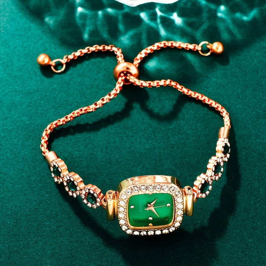 6pcs Set Elegant Women's Quartz Watch and Jewelry Set Luxurious Square Green Dial with Rhinestone Ac