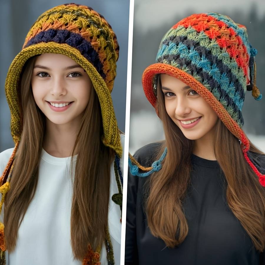 1pc New Autumn and Winter Bohemian Style Handmade Crochet Color Hat Thickened and Warm Dopamine K