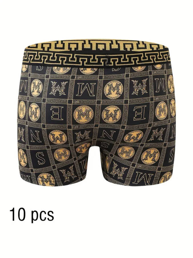 10pcs Men's Boxer Briefs Size S Black and Golden Print High Stretch Polyester Knit Fabric Quick-Dry