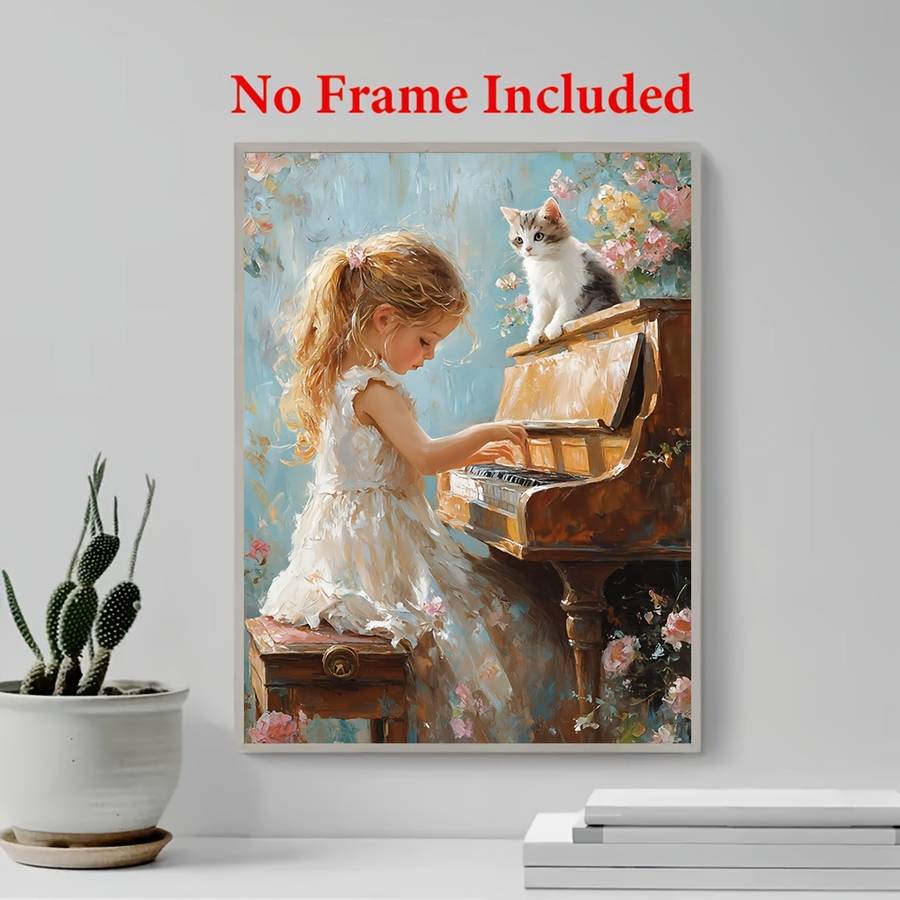1pc  Oil on Canvas Frameless 30.48X40.64 cm Little Girl Playing The Piano Home Decoration
