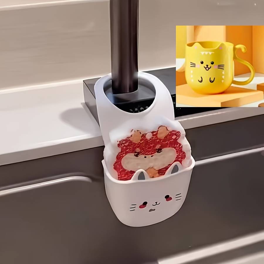 1pc Cute Cat Silicone Faucet Holder Sponge Storage Rack with Drainage Holes for Bathroom and K