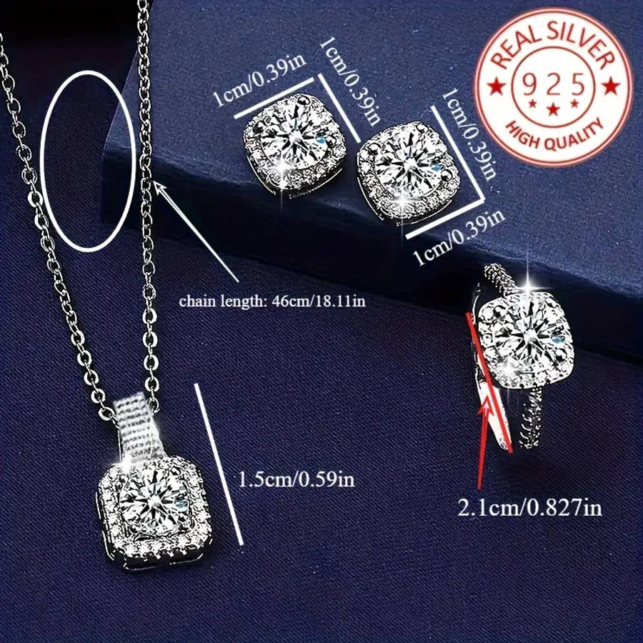 4 Piece Elegant 925 Silver Plated Pendant Necklace, Earrings and Rings Set