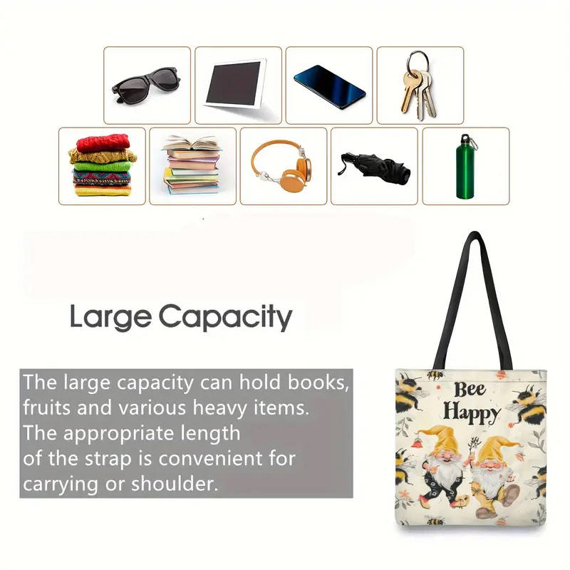1pc Bee Happy Canvas Tote Bag with Cute Gnome Design Large Capacity, Durable Polyester Shoulder Hand