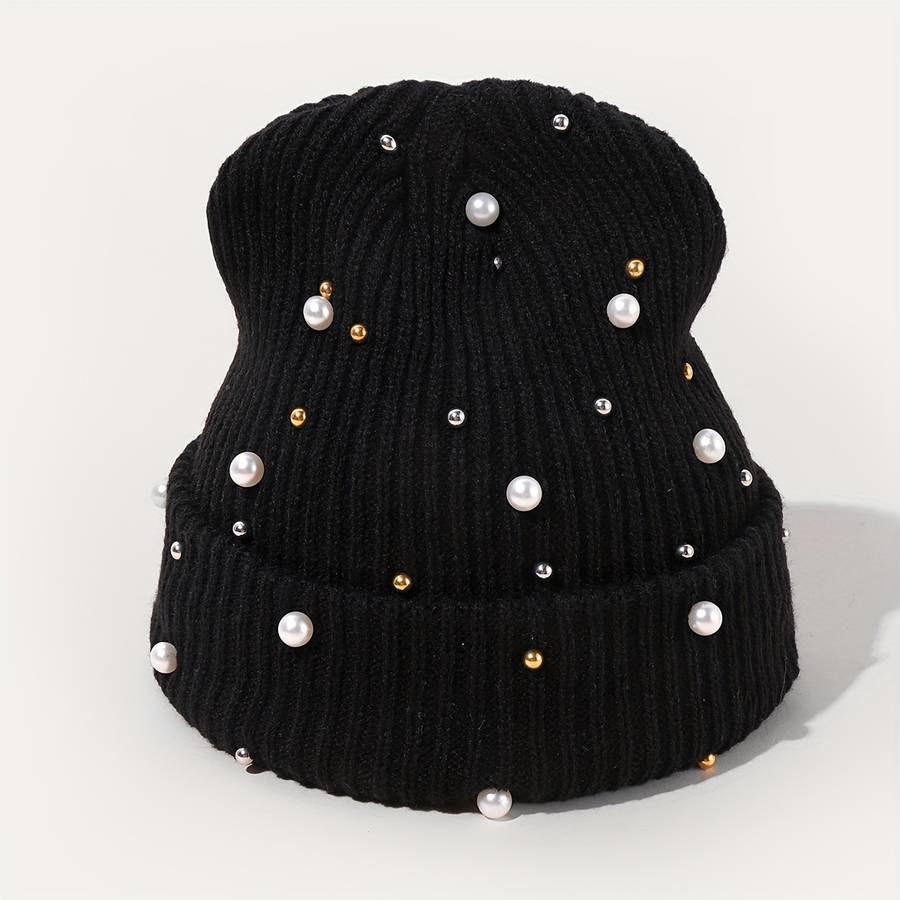 1pc of Women'S Fashion Pearl Decorated Knitted Hat Without Brim Suitable for Autumn And Winter