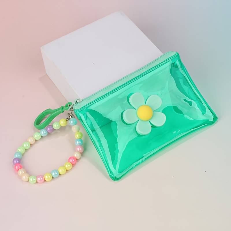 1pc Trendy Transparent PVC Coin Purse with Beaded Chain Compact Key Card Holder Zip Closure E