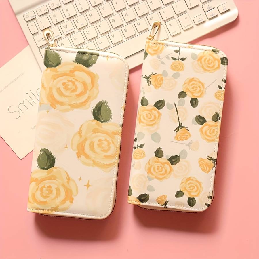 Women'S Fashionable Long Zipper Wallet With Floral Pattern Double Compartment Multiple Card