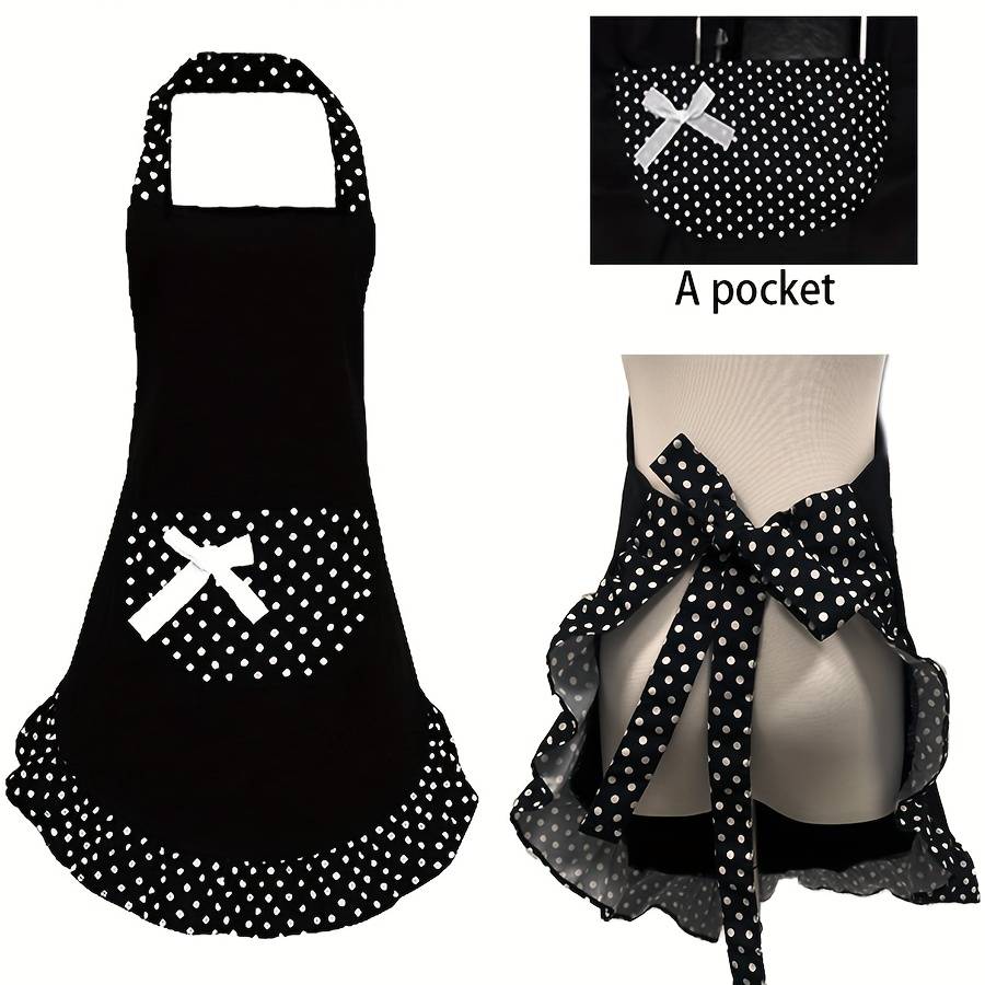 1pc Retro Polka Dot Apron with Ruffle Hem Large Pockets Black and White Vintage Kitchen Ba