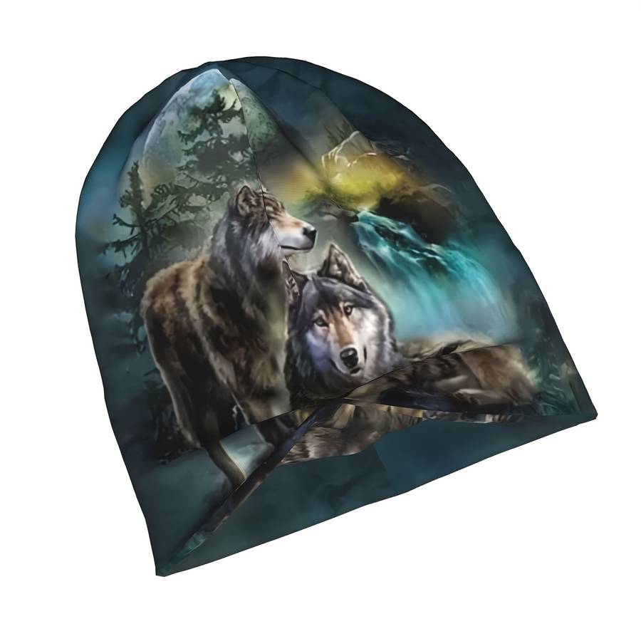 Wolf Print Brimless Skull Cap Polyester Spandex Blend Funky Style Soft Knit Fabric Wit
