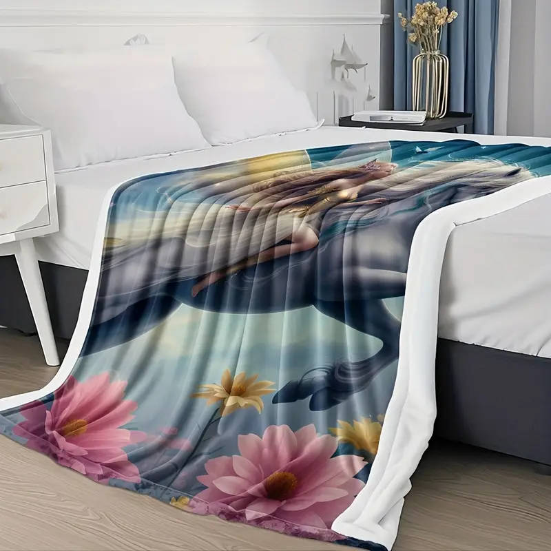 1 Romantic Unicorn and Floral Design Printed Flannel Blanket 70CM*100CM