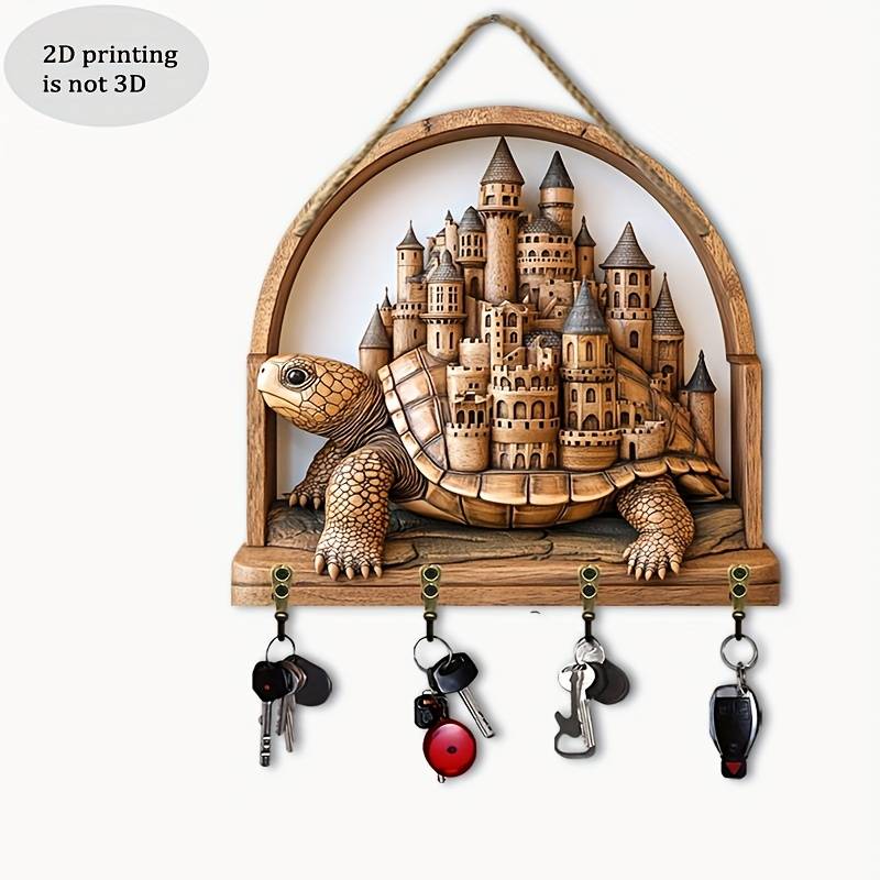 A 2D Artwork Featuring a Turtle And a Beautiful Castle a Minimalist Colorful Wooden Key Holder with