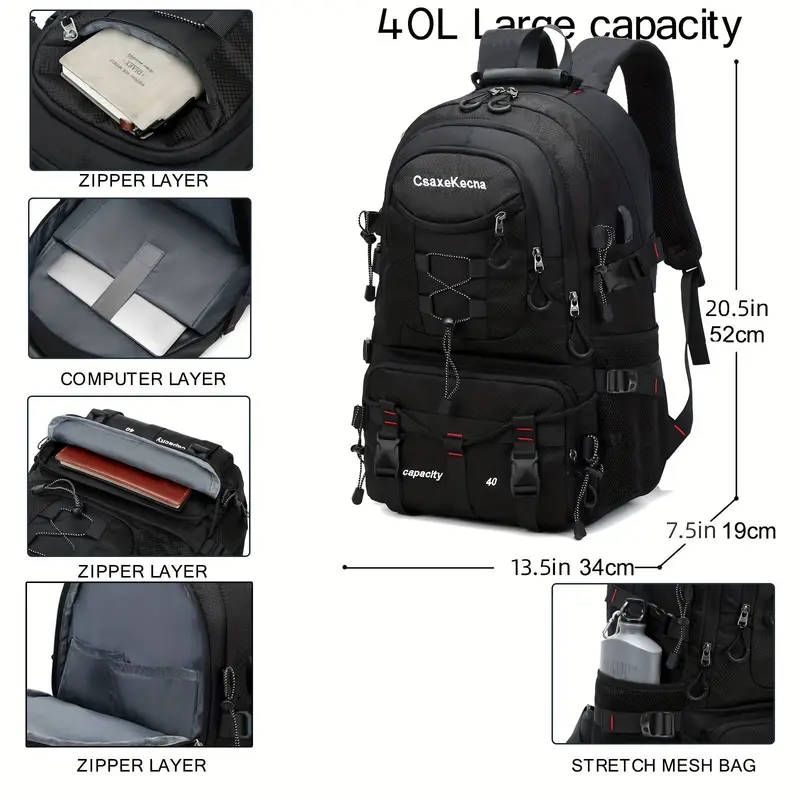 1pc Outdoor Adventure Backpack Durable Polyester USB Charging Port Fits 17-inch Laptop Perfect for H