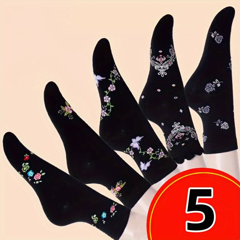 5 Pairs Black Series Flowers One Size High Elastic Socks