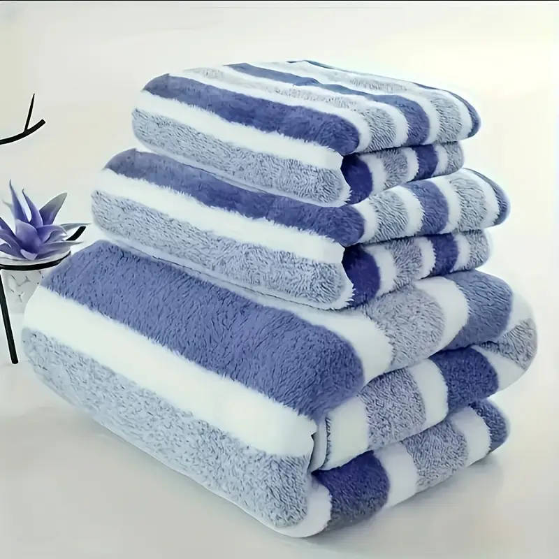 3 Piece Blue and White Striped Luxury Bath Towel Set