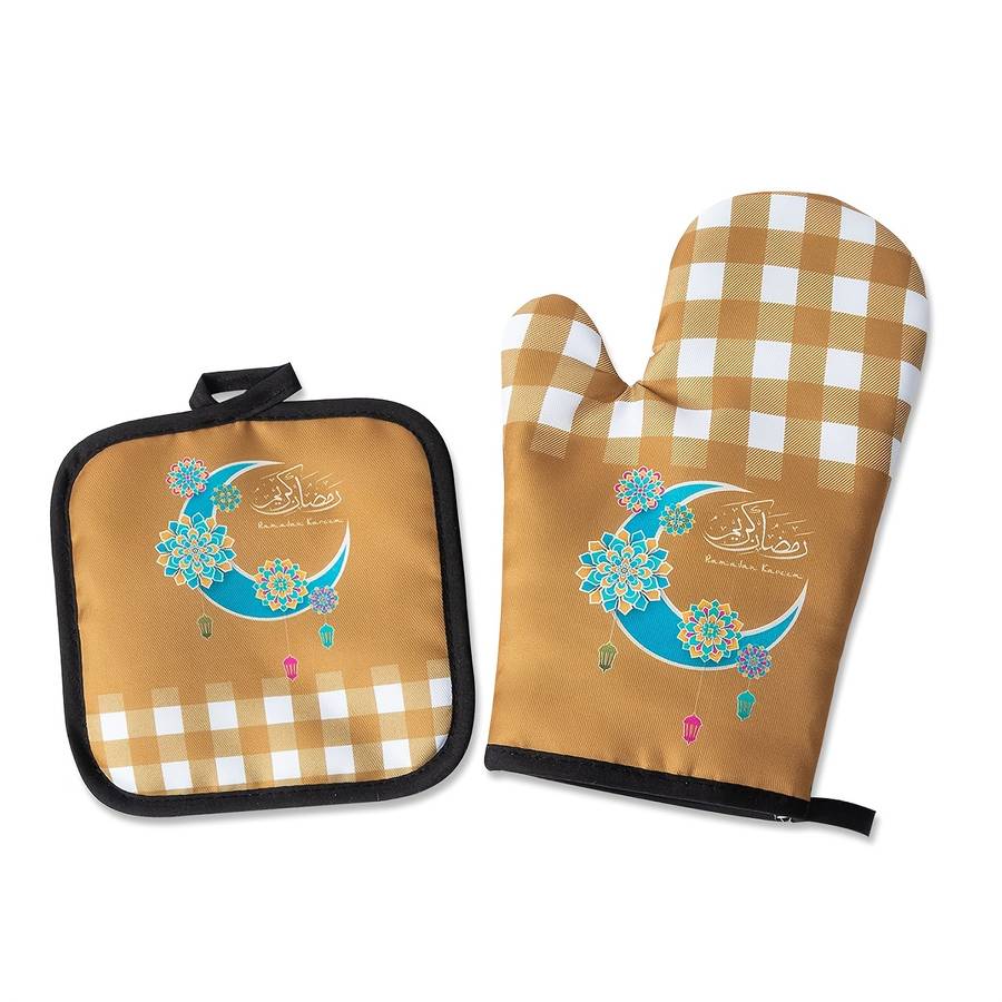 2pcs Ramadan Themed Oven Mitts Set Polyester 100% Heat Resistant Kitchen Baking Gloves and Pot