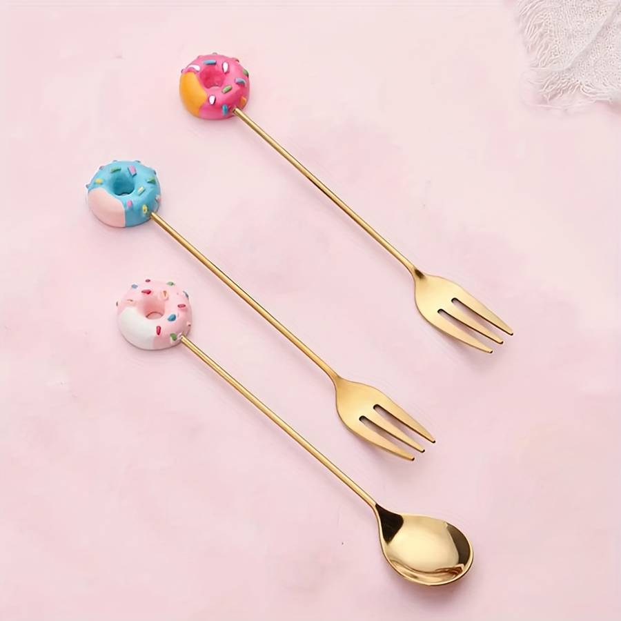 4pcs Cute Donut Theme Stainless Steel Coffee Spoon Fork Elegant Golden Dessert Spoon Fruit