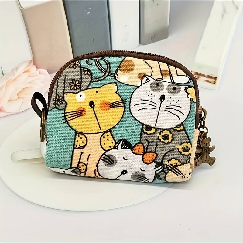 1pc Women's Cute Cartoon Cat Print Canvas Clutch Wallet Zippered Coin Purse with Animal Design L