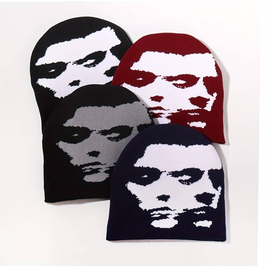 1pc Fashion Knit Beanie with Woman Portrait Design Breathable Warm Stretchy for Outdoor Activi