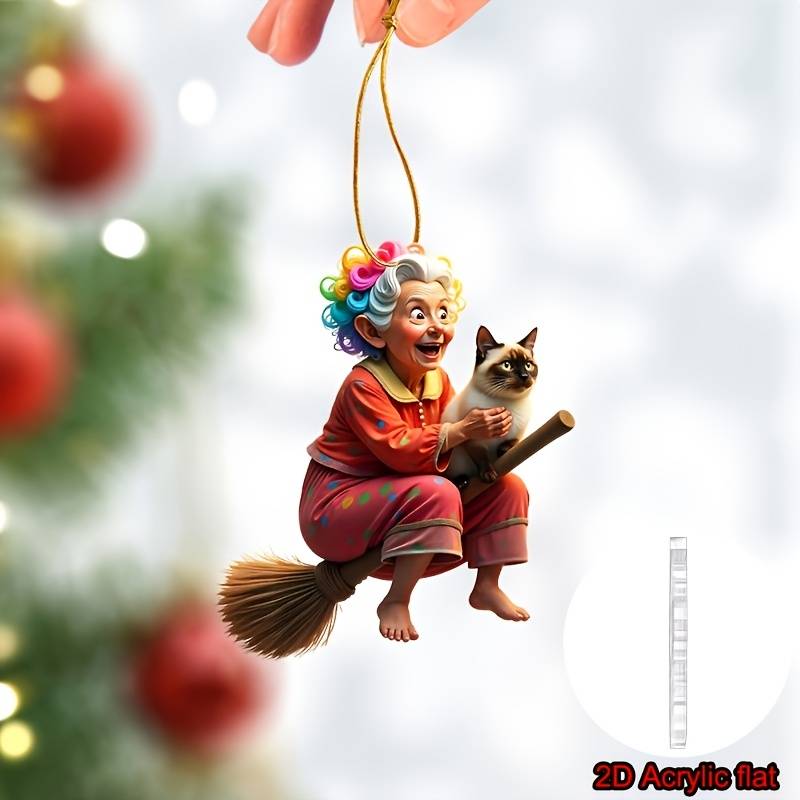 1pc 2D Flat    Whimsical Acrylic Ornament- Grandma on a Broom with a Cat  Perfect for car