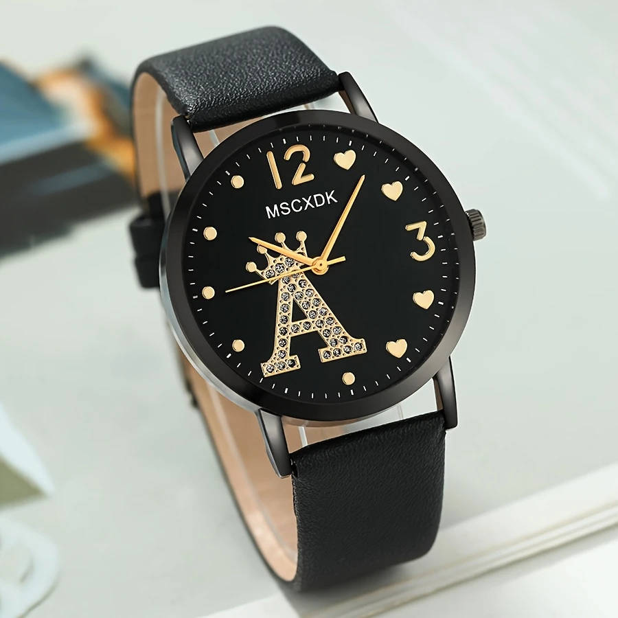 1pc Fashionable Women's Quartz Watch Round Analog Display Shock-Resistant Alloy Case PU Leather Band
