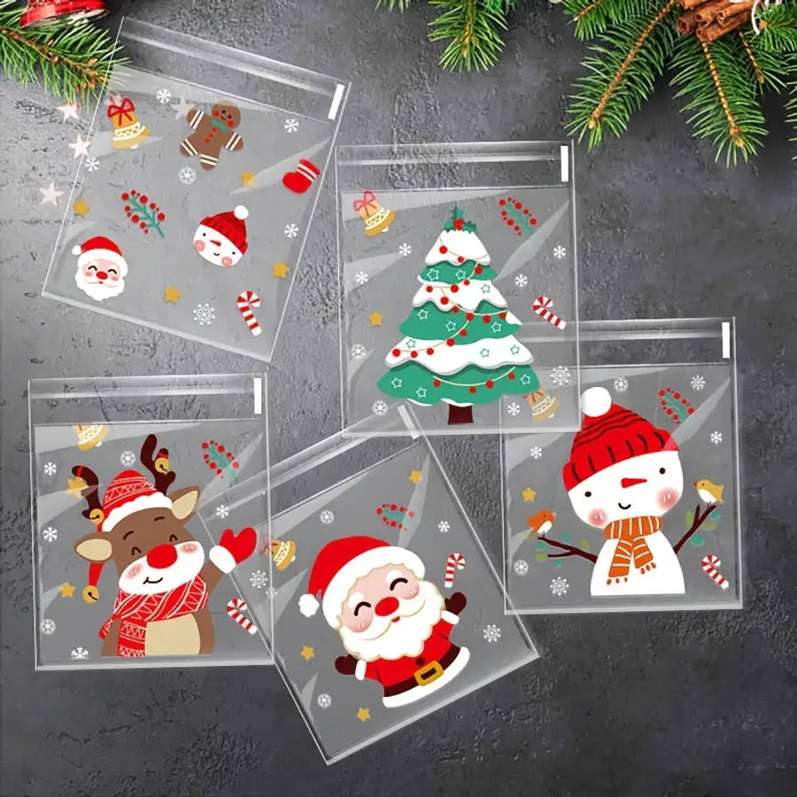 50 Self-Sealing Cellophane Christmas Candy Bags 5 Different Santa Claus Designs