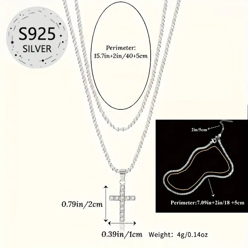 3 Piece  925 Sterling Silvery Cross Necklace, Sparkling Synthetic Zirconia Necklace and Shimmerin