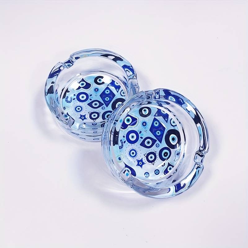 1pc Round Glass Ashtray with Blue Eye Design 8.48cm Decorative Smoke Accessory for Home Bar U