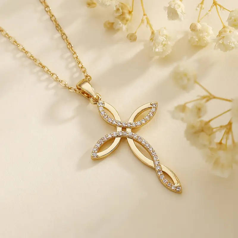 Gem Inlaid Cross Pendant Necklace