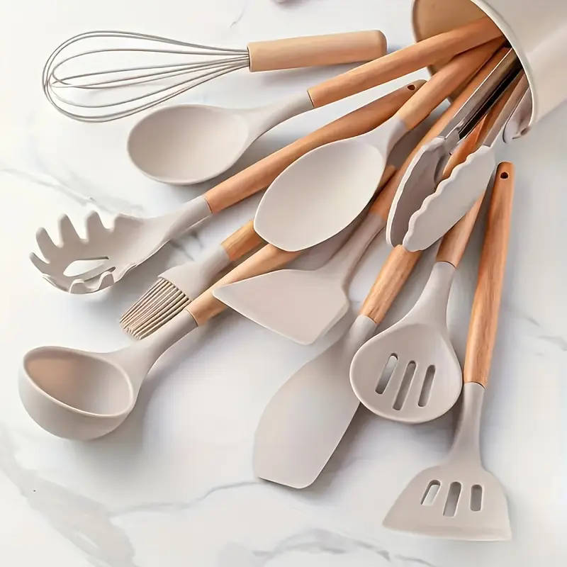 12Piece Silicone Cooking Utensil Set with Wooden Handles and Storage Bucket Non-Stick Kitchen Spatul