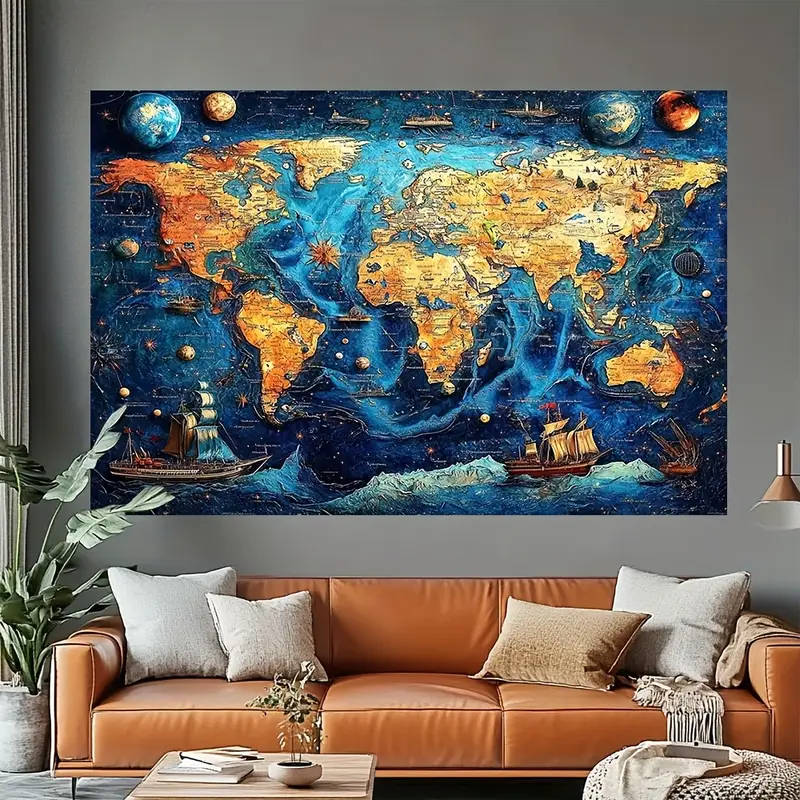 BIG!!! Colorful Relief World Map Printed Banner - Durable Fabric with Vibrant Mixed Colors