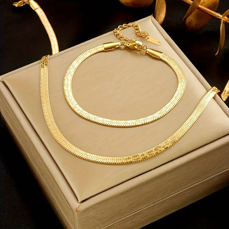 18K Golden Plated Stainless Steel Snake Chain Necklace and Bracelet Set