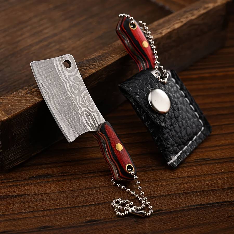1pc Compact Stainless Steel Mini Knife with Wooden Handle Key Ring Lightweight P