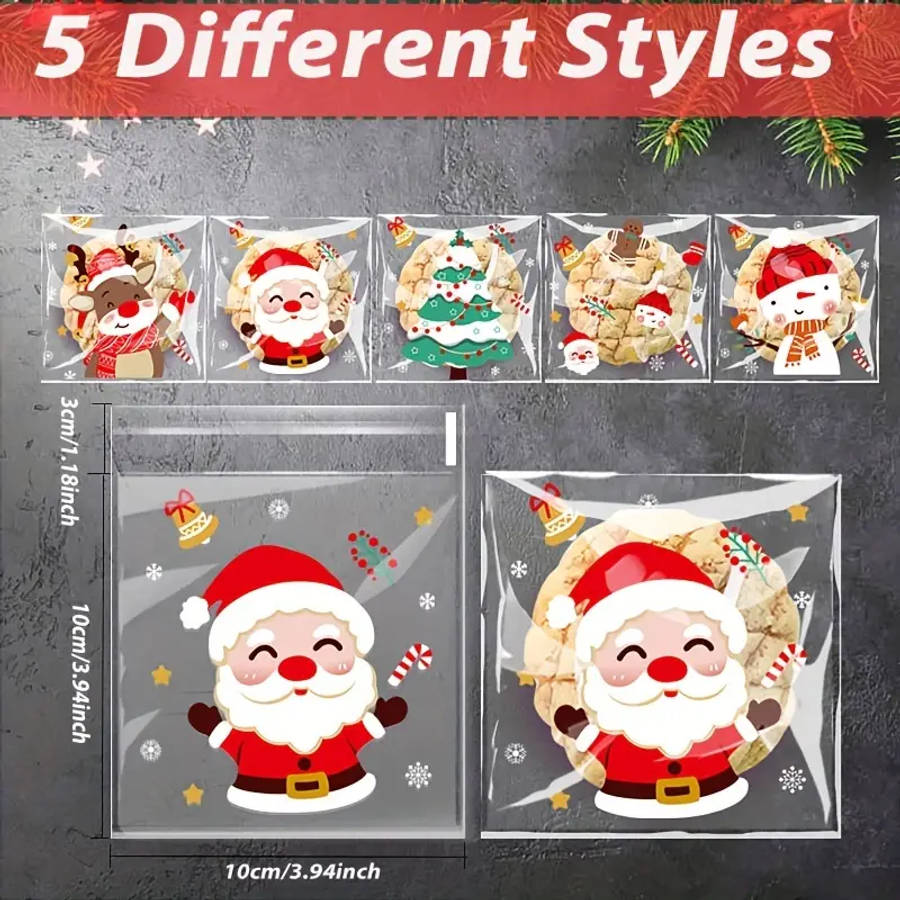 50 Self-Sealing Cellophane Christmas Candy Bags 5 Different Santa Claus Designs