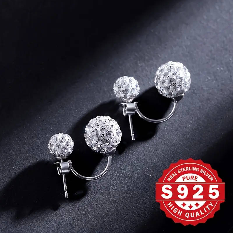 Pair of Women's Rhinestone Ball Earrings, 925 Sterling Silver Plated