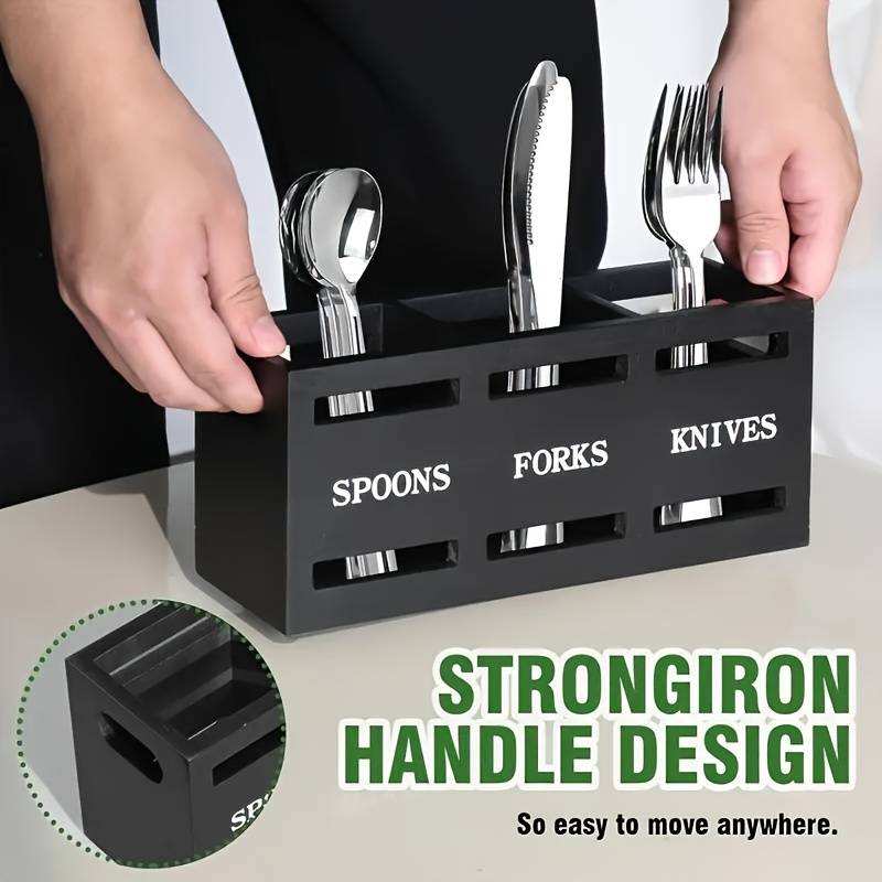 1pc Classic Wooden Kitchen Utensil Rack with Solid Iron Handle 3-Compartment Storage Basket for S