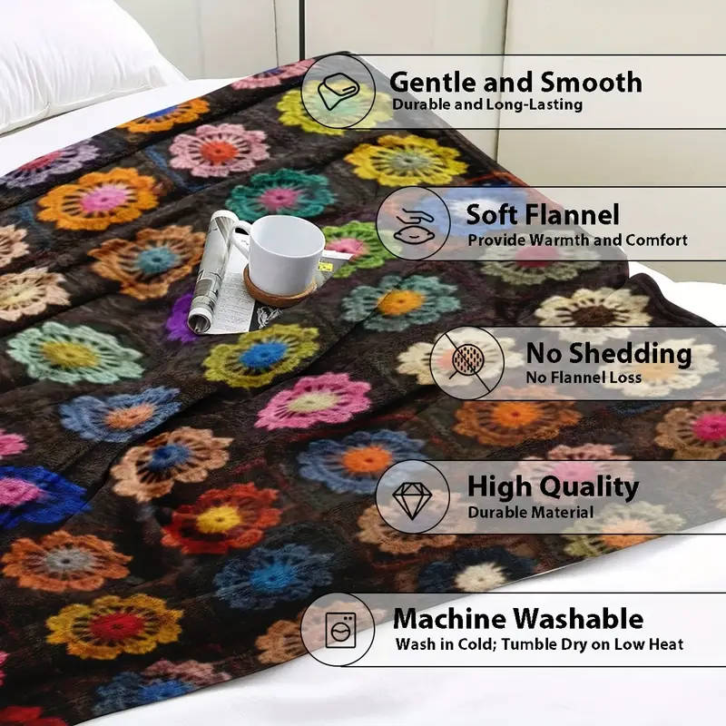 1 Handmade Vintage Crochet Flower Afghan Blanket 130*150CM
