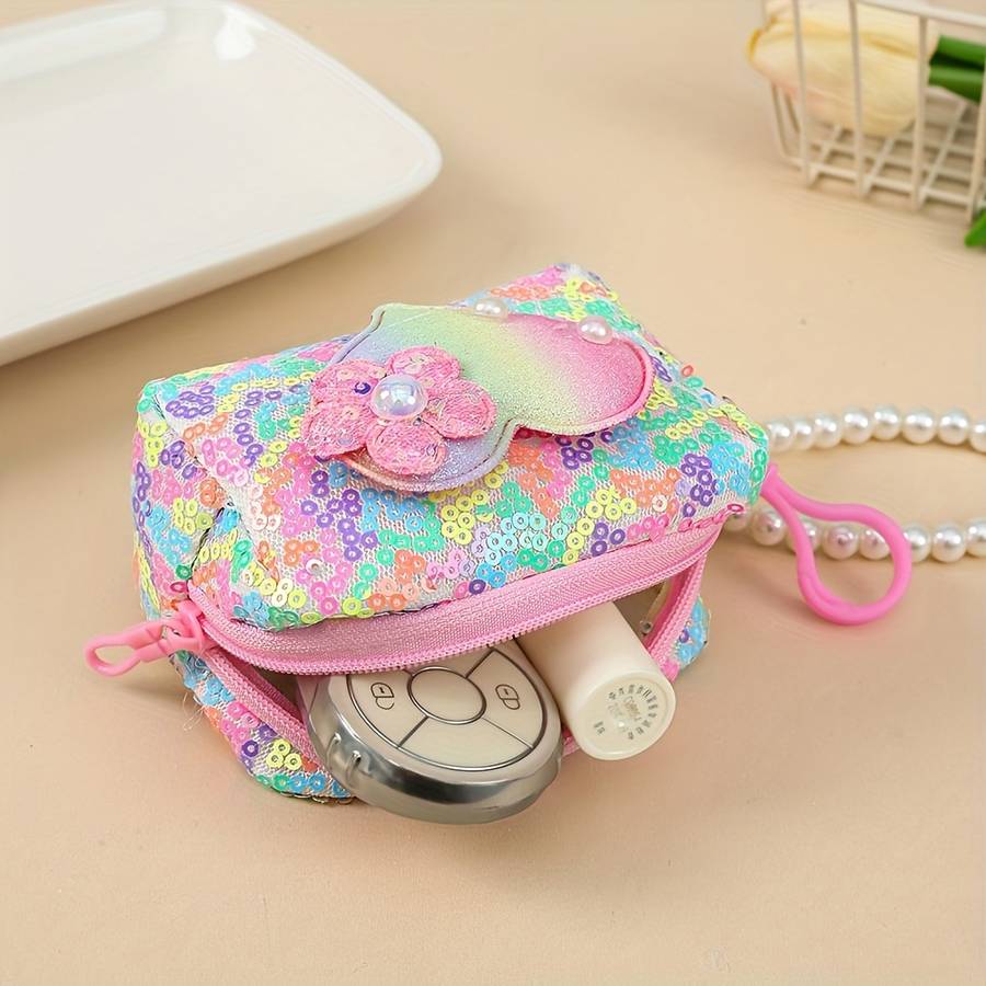 1pc Elegant Heart-Shaped Sequin Coin Purse with Pearl Accent C Vibrant Glitter Design Compact
