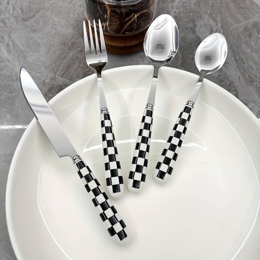 4pcs Stainless Steel Cutlery Set with Polka Dot Ceramic Handles Includes Knife Fork Spoon